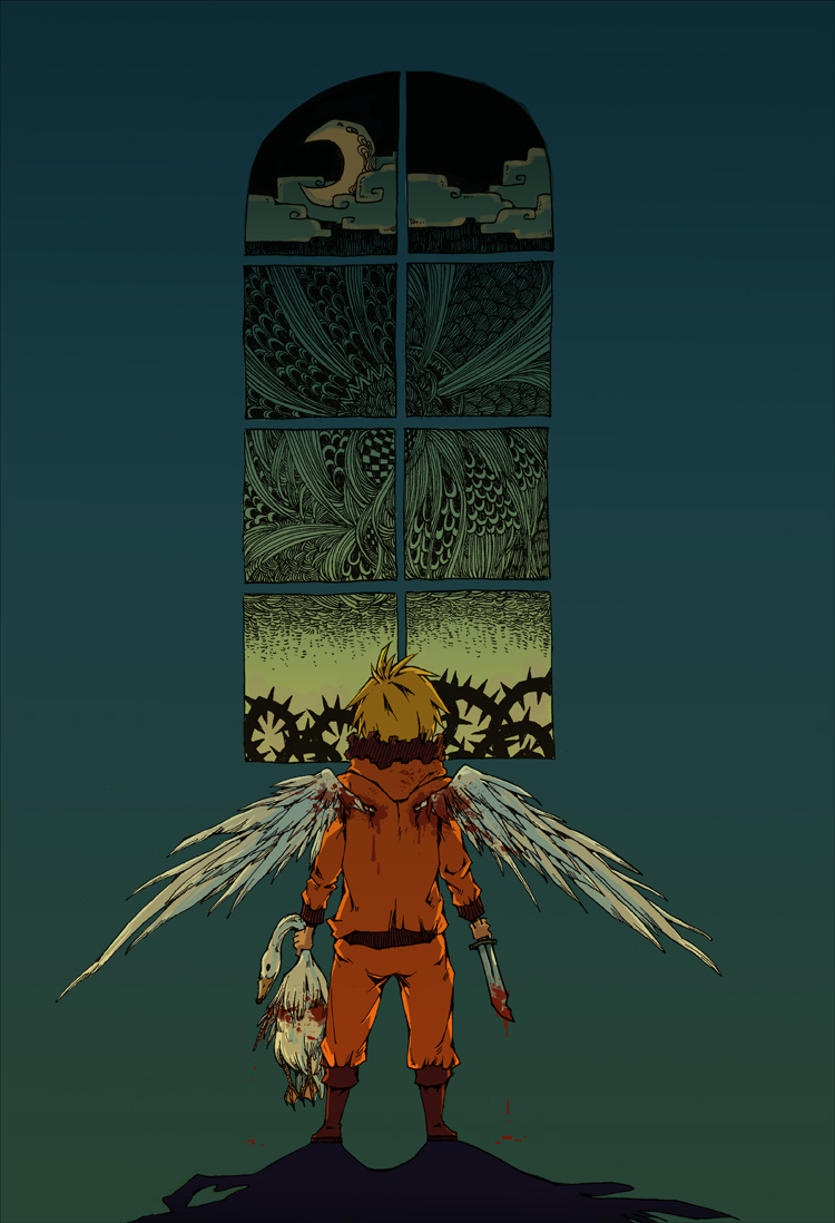 1boy bird blonde_hair blood boots goose hood hood_down kenny_mccormick knife moon night night_sky parka short_hair sky solo south_park spikes window