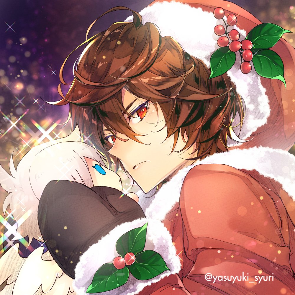 brown_hair frown granblue_fantasy hat looking_at_viewer lucifer_(shingeki_no_bahamut) male_focus mistletoe mittens red_eyes sandalphon_(granblue_fantasy) santa_costume santa_hat short_hair shuri_yasuyuki stuffed_toy