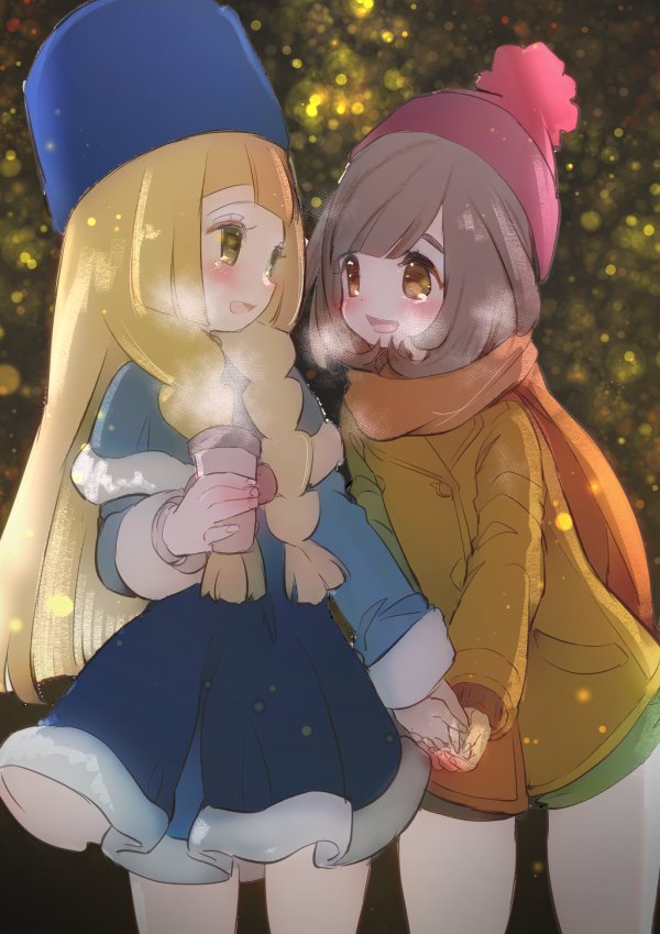 2girls black_hair blonde_hair blue_hat blush braid breath brown_eyes chorimokki creatures_(company) fur_hat fur_trim game_freak green_eyes hand_holding hat jacket lillie_(pokemon) long_hair long_sleeves mizuki_(pokemon) multiple_girls nintendo open_mouth orange_scarf pokemon pokemon_(game) pokemon_sm pom_pom_(clothes) red_hat scarf short_hair twin_braids yuri