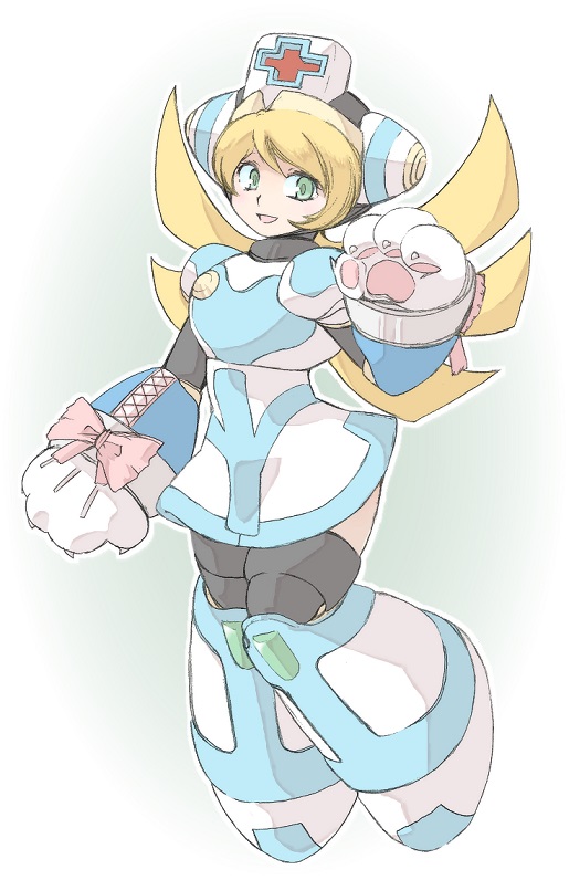 1girl :d android blonde_hair bow cat_paws cinnamon full_body graphite_(medium) green_eyes hat long_hair nurse nurse_cap open_mouth paws rockman rockman_x rockman_x_command_mission simple_background smile solo thigh-highs tobitori traditional_media