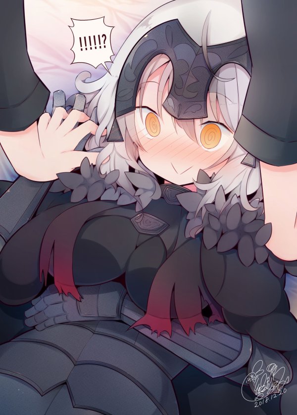 !!? !? 1boy 1girl :&gt; ahoge armor armored_dress bangs beni_shake black_armor black_cape black_clothes black_gloves blush breasts cape dated erect_nipples eyebrows_visible_through_hair fate/grand_order fate_(series) flustered fur_trim gauntlets gloves hand_on_own_stomach headpiece interlocked_fingers jeanne_d'arc_(alter)_(fate) jeanne_d'arc_(fate)_(all) out_of_frame pushing_down short_hair signature spoken_interrobang swirl torn_cape white_hair yellow_eyes