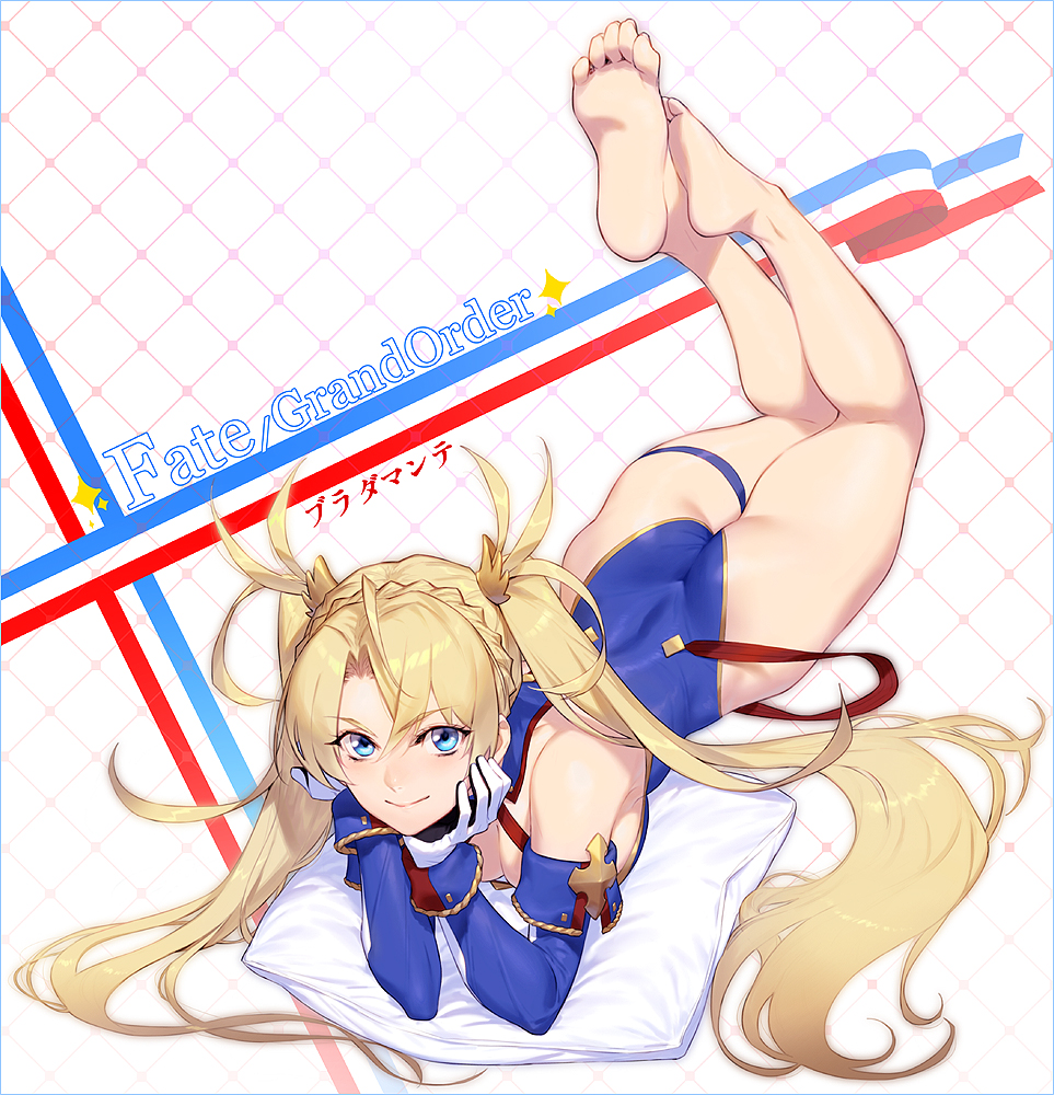 1girl ass azusa_(hws) bangs bare_legs bare_shoulders barefoot blonde_hair blue_eyes blush bradamante_(fate/grand_order) braid breasts cleavage commentary_request elbow_gloves fate/grand_order fate_(series) feet french_braid gloves hair_between_eyes head_on_hand leotard long_hair looking_at_viewer lying medium_breasts on_stomach pillow sidelocks smile soles solo the_pose thigh_strap thighs toes twintails very_long_hair
