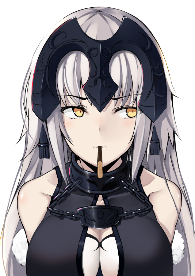 1girl breasts chains cleavage cleavage_cutout collarbone fate/grand_order fate_(series) food fur_trim hazuki_gyokuto headpiece jeanne_d'arc_(alter)_(fate) jeanne_d'arc_(fate)_(all) large_breasts long_hair looking_away mouth_hold pocky silver_hair simple_background sleeveless solo upper_body white_background yellow_eyes