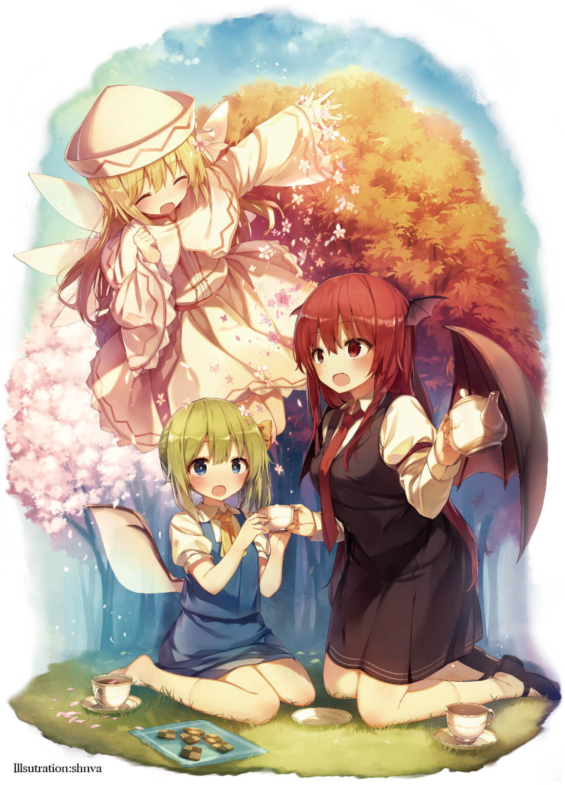 3girls :o ^_^ arm_up artist_name ascot autumn_leaves bangs black_footwear black_skirt black_vest blonde_hair blue_eyes blue_skirt blue_vest blush bow breasts capelet checkerboard_cookie cherry_blossoms clenched_hand closed_eyes closed_eyes cookie cup daiyousei demon_wings dress eyebrows_visible_through_hair facing_another fairy_wings fang floating food grass green_hair hair_between_eyes hair_bow hand_up hat head_wings highres holding holding_teapot juliet_sleeves kneehighs kneeling koakuma lily_white long_hair long_sleeves mary_janes medium_breasts multiple_girls necktie no_shoes open_mouth petals plate puffy_short_sleeves puffy_sleeves red_eyes red_neckwear redhead sash shadow shinoba shirt shoes short_sleeves side_ponytail sitting skirt skirt_set strange_creators_of_outer_world teacup teapot thighs touhou tree vest wariza white_capelet white_dress white_hat white_legwear white_shirt wide_sleeves wing_collar wings yellow_bow yellow_neckwear
