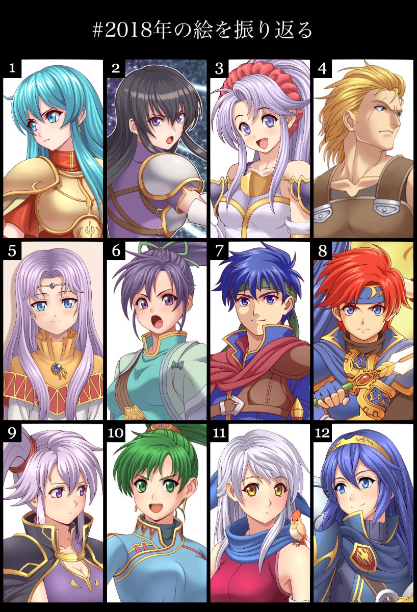 3boys 6+girls aira_(fire_emblem) animal animal_on_shoulder armor bangs bird bird_on_shoulder blonde_hair blue_eyes blush breastplate cape crown eirika embarrassed fingerless_gloves fir fire_emblem fire_emblem:_akatsuki_no_megami fire_emblem:_ankoku_ryuu_to_hikari_no_tsurugi fire_emblem:_fuuin_no_tsurugi fire_emblem:_kakusei fire_emblem:_mystery_of_the_emblem fire_emblem:_rekka_no_ken fire_emblem:_seima_no_kouseki fire_emblem:_seisen_no_keifu fire_emblem:_shin_ankoku_ryuu_to_hikari_no_tsurugi fire_emblem:_shin_monshou_no_nazo gloves headband highres holding holding_sword holding_weapon ike ishtar_(fire_emblem) long_hair looking_at_viewer lucina lyndis_(fire_emblem) micaiah multiple_boys multiple_girls nintendo oguma pauldrons ponytail purple_hair redhead rere_(yusuke) roy_(fire_emblem) scar scar_across_eye smile sofiya sword tiltyu_(fire_emblem) violet_eyes weapon white_hair yellow_eyes