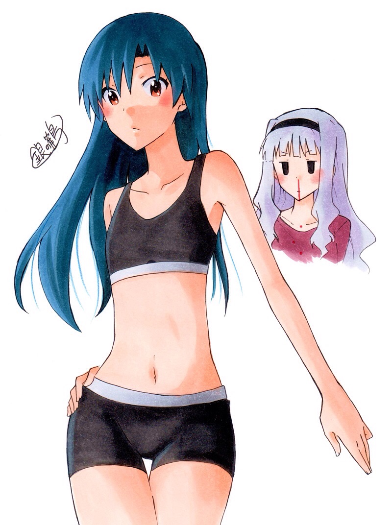 2girls bike_shorts black_hairband black_shorts black_sports_bra blood blue_hair blush brown_eyes collarbone cowboy_shot flat_chest ginnoturu hair_between_eyes hairband hand_on_hip idolmaster idolmaster_(classic) kisaragi_chihaya long_hair looking_at_viewer multiple_girls navel nosebleed shijou_takane short_shorts shorts silver_hair simple_background solo_focus standing white_background