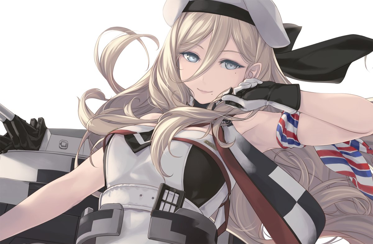 1girl arm_up armpits bare_shoulders belt beret blonde_hair blue_eyes blush breasts cannon dress floating_hair gloves hair_between_eyes hat kantai_collection long_hair looking_at_viewer medium_breasts mole mole_under_eye mole_under_mouth multicolored multicolored_clothes multicolored_dress multicolored_gloves multicolored_scarf pom_pom_(clothes) richelieu_(kantai_collection) rigging rokuwata_tomoe scarf simple_background smile solo strapless strapless_dress turret upper_body yellow_eyes