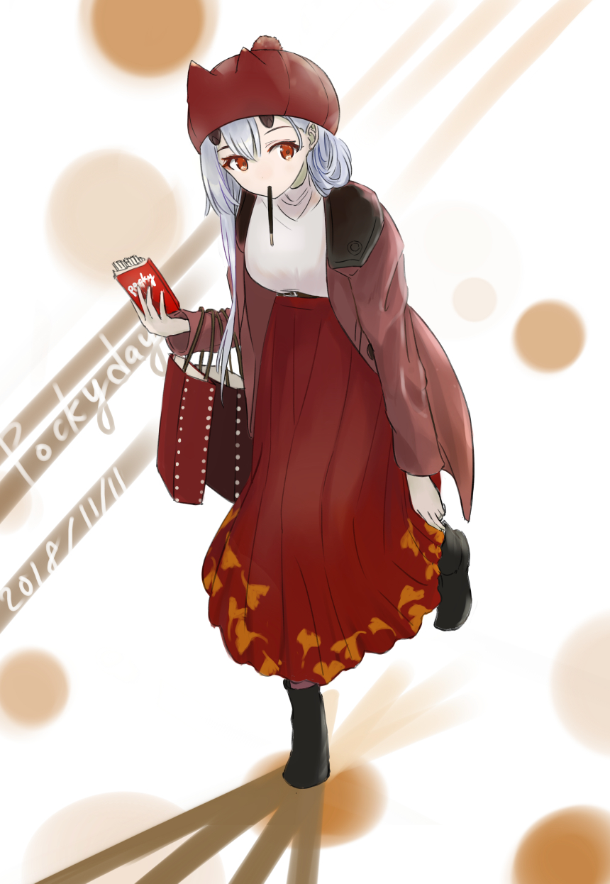 1girl adjusting_clothes adjusting_shoe bag brown_coat coat commentary_request dated fate/grand_order fate_(series) food hair_between_eyes hat highres horns horns_through_headwear icebell_(kourisuzuu) leaning_forward long_hair long_skirt looking_at_viewer mouth_hold oni_horns open_clothes open_coat pocky pocky_day red_eyes red_skirt shirt silver_hair skirt solo tomoe_gozen_(fate/grand_order) white_shirt