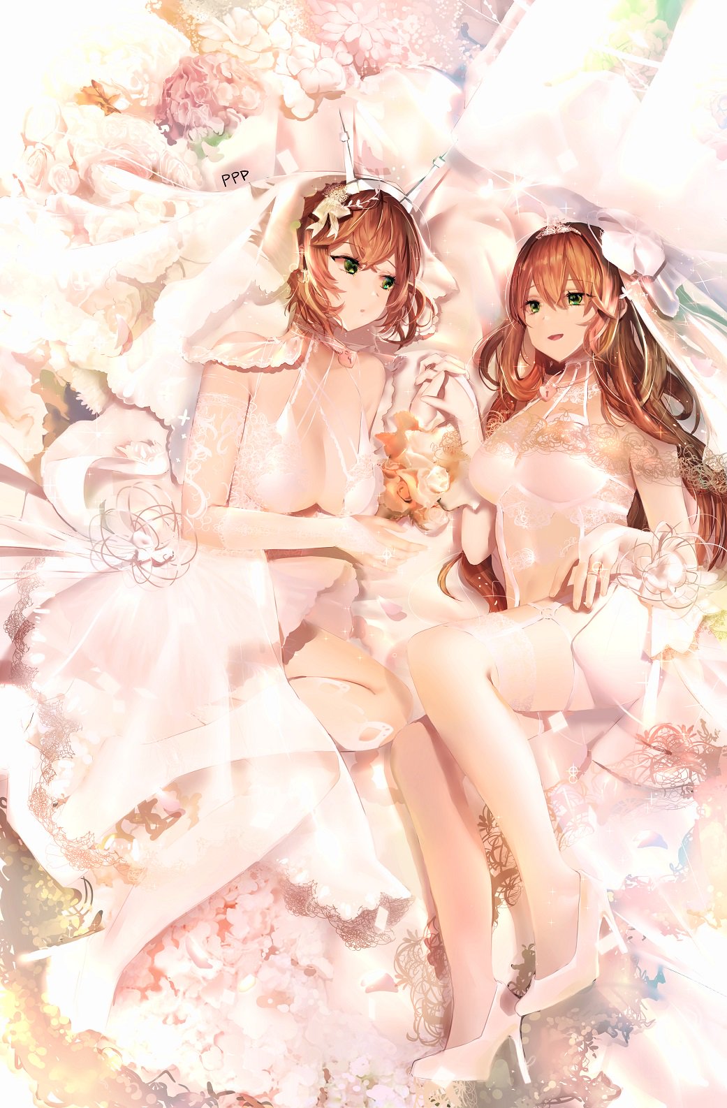 2girls bangs blush bouquet breasts bridal_veil brown_hair cleavage commission danyagoe dress elbow_gloves eyebrows_visible_through_hair flower garter_straps girls_frontline gloves green_eyes hair_between_eyes hair_rings hand_holding headgear high_heels highres jewelry kantai_collection lace large_breasts long_hair looking_at_viewer m1903_springfield_(girls_frontline) multiple_girls mutsu_(kantai_collection) open_mouth ponytail ring short_hair sidelocks smile sparkle thigh-highs veil wedding_dress wedding_ring white_dress white_footwear white_gloves white_legwear