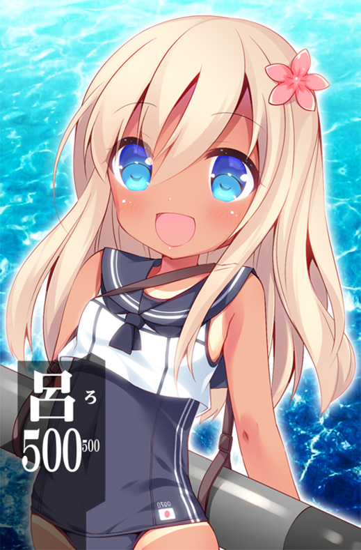 1girl akudaikan_chitose black_neckwear black_sailor_collar black_swimsuit blonde_hair blue_eyes character_name commentary_request crop_top flower hair_flower hair_ornament japanese_flag kantai_collection long_hair looking_at_viewer neckerchief ocean one-piece_tan ro-500_(kantai_collection) sailor_collar school_swimsuit smile solo swimsuit swimsuit_under_clothes tan tanline torpedo water