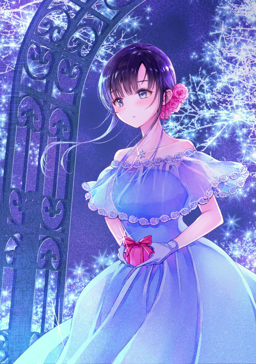 1girl arch bangs bare_shoulders bare_tree black_hair blue blue_capelet blue_dress blue_eyes blue_gloves blush breasts brooch capelet christmas christmas_lights closed_mouth collarbone commentary_request diffraction_spikes dress flower gift glint gloves hair_flower hair_ornament highres holding holding_gift jewelry long_dress medium_breasts nagidango night original outdoors pink_flower pink_rose rose see-through shiny shiny_hair short_hair_with_long_locks sidelocks sleeveless sleeveless_dress solo strapless strapless_dress tree