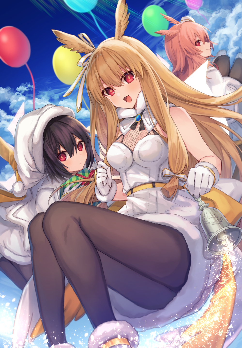 .com_(cu_105) 3girls :d ass aurora balloon bangs bare_arms bare_shoulders bell belt black_hair black_legwear black_neckwear blonde_hair blue_sky blush breasts brooch character_request closed_mouth clouds cloudy_sky commentary_request day detached_collar dress dust eyebrows_visible_through_hair fate/grand_order fate_(series) fur_trim gift gloves hair_between_eyes hat head_wings highres holding holding_bell holding_gift jewelry knees_up light_particles long_hair looking_at_viewer looking_back midair multiple_girls neck_ribbon open_mouth outdoors pantyhose pink_hair profile red_eyes ribbon santa_costume santa_hat short_hair sidelocks sky sleeveless sleeveless_dress small_breasts smile valkyrie_(fate/grand_order) white_dress white_footwear white_gloves white_hat