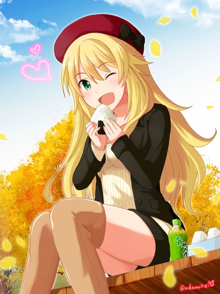 1girl ;d black_bow black_jacket black_shorts blonde_hair blue_sky boots bottle bow brown_footwear day eyebrows_visible_through_hair food from_below green_eyes hair_between_eyes hat hat_bow heart holding holding_food hoshii_miki idolmaster idolmaster_(classic) jacket long_hair looking_at_viewer muraiaria one_eye_closed onigiri open_clothes open_jacket open_mouth outdoors red_hat ribbed_sweater short_shorts shorts sitting sky smile solo sweater thigh-highs thigh_boots very_long_hair white_sweater yellow_petals