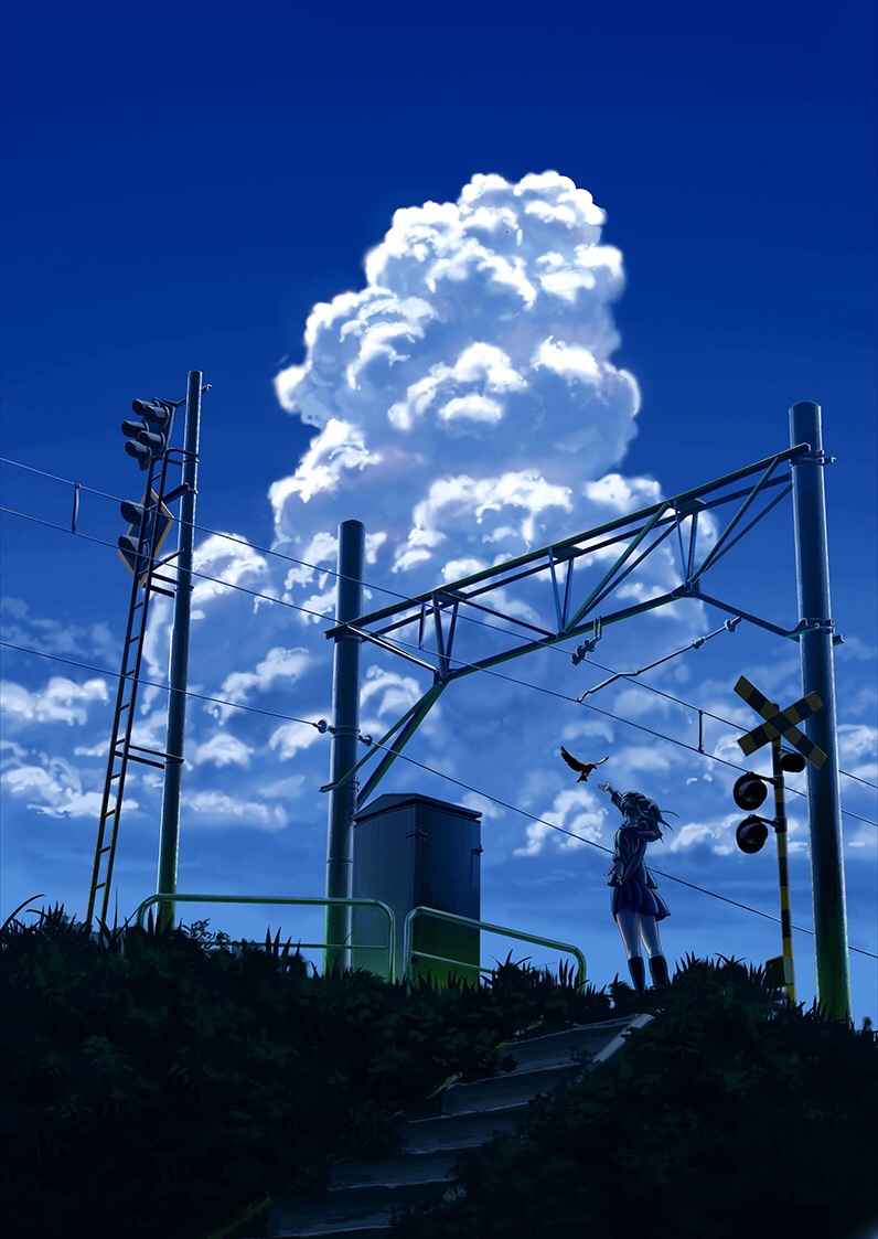 1girl animal arm_up bird blue_sky bush clouds cloudy_sky day hood hood_down hooded_jacket jacket kneehighs long_sleeves miniskirt original outdoors outstretched_arm pleated_skirt ponytail railing railroad_signal scenery skirt sky solo stairs standing takeyan_(774gon) traffic_light wide_shot wire