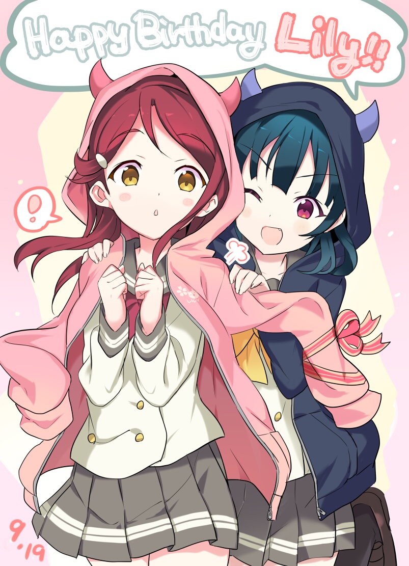 2girls :o ;d =3 blue_eyes blue_jacket blush_stickers bow bowtie clenched_hands dated demon_horns double-breasted english grey_sailor_collar grey_skirt hair_ornament hairclip hands_up happy_birthday hood hood_up hooded_jacket horns jacket jacket_on_shoulders leg_up long_hair looking_at_viewer love_live! love_live!_sunshine!! miniskirt multiple_girls one_eye_closed open_mouth pink_jacket pink_ribbon pleated_skirt rassie_s red_eyes red_neckwear ribbon sailor_collar sakurauchi_riko school_uniform skirt smile spoken_expression tsushima_yoshiko uranohoshi_school_uniform v-shaped_eyebrows violet_eyes yellow_eyes yellow_neckwear