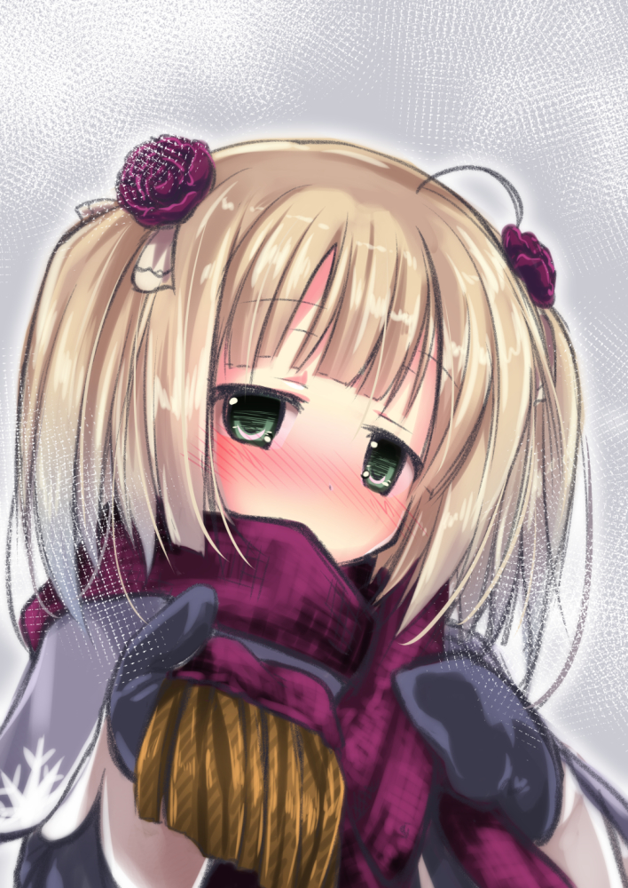 1girl black_gloves blonde_hair blush covered_mouth flower flower_knight_girl gloves green_eyes grey_background hair_flower hair_ornament izumi_yukiru jitome looking_at_viewer mittens purple_flower purple_rose purple_scarf rose scarf short_hair snowdrop_(flower_knight_girl) solo twintails upper_body