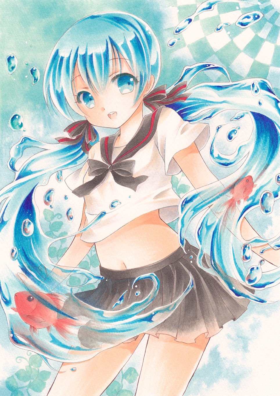 1girl :d blue_eyes blue_hair bottle_miku color_ink_(medium) cowboy_shot fish floating_hair grey_ribbon grey_sailor_collar grey_skirt hair_between_eyes hair_ribbon hatsune_miku highres liquid_hair long_hair midriff miniskirt navel neck_ribbon open_mouth pleated_skirt pom77 ribbon sailor_collar shiny shiny_hair shirt short_sleeves skirt smile solo standing stomach striped striped_ribbon traditional_media twintails very_long_hair vocaloid white_shirt