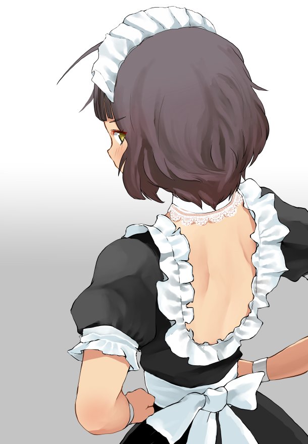 1girl ahoge alternate_costume backless_outfit bangs black_dress blunt_bangs brown_hair dress enmaided frilled_dress frills from_behind gradient gradient_background grey_background kantai_collection kishinami_(kantai_collection) looking_at_viewer looking_back maid maid_headdress short_hair short_ponytail solo standing tooku_nomura_(artist) wavy_hair white_background wrist_cuffs yellow_eyes