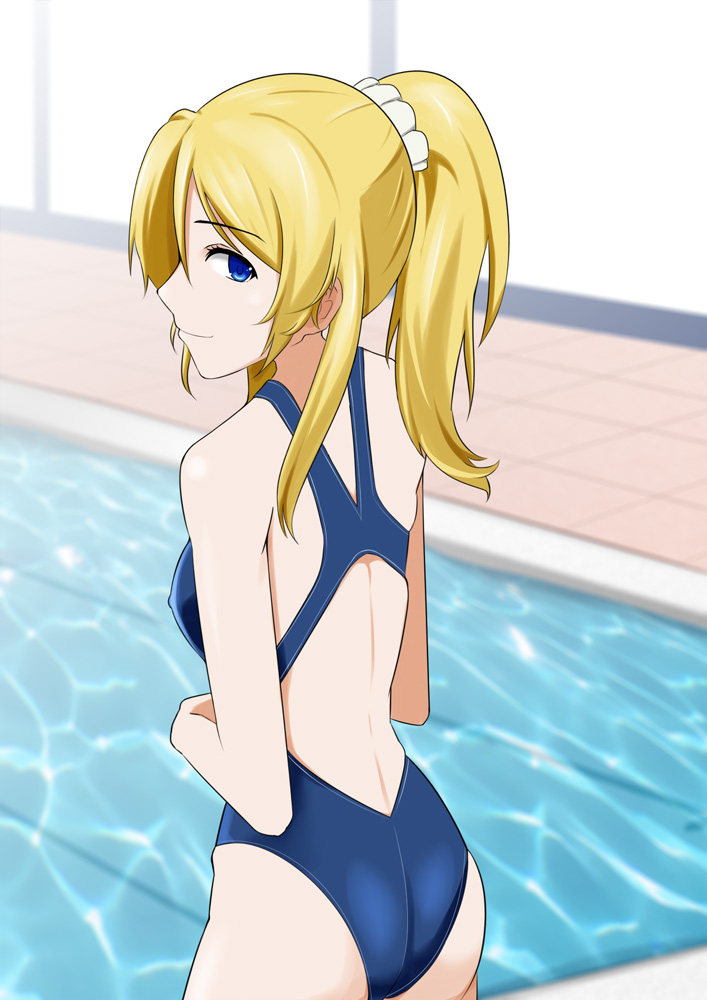 1girl ayase_eli black_swimsuit blonde_hair blue_eyes competition_swimsuit covered_nipples eyebrows_visible_through_hair hair_between_eyes hair_ornament hair_scrunchie indoors long_hair looking_at_viewer looking_back love_live! love_live!_school_idol_project one-piece_swimsuit ponytail pool scrunchie shiny shiny_hair solo standing swimsuit takamuko_kouhei white_scrunchie