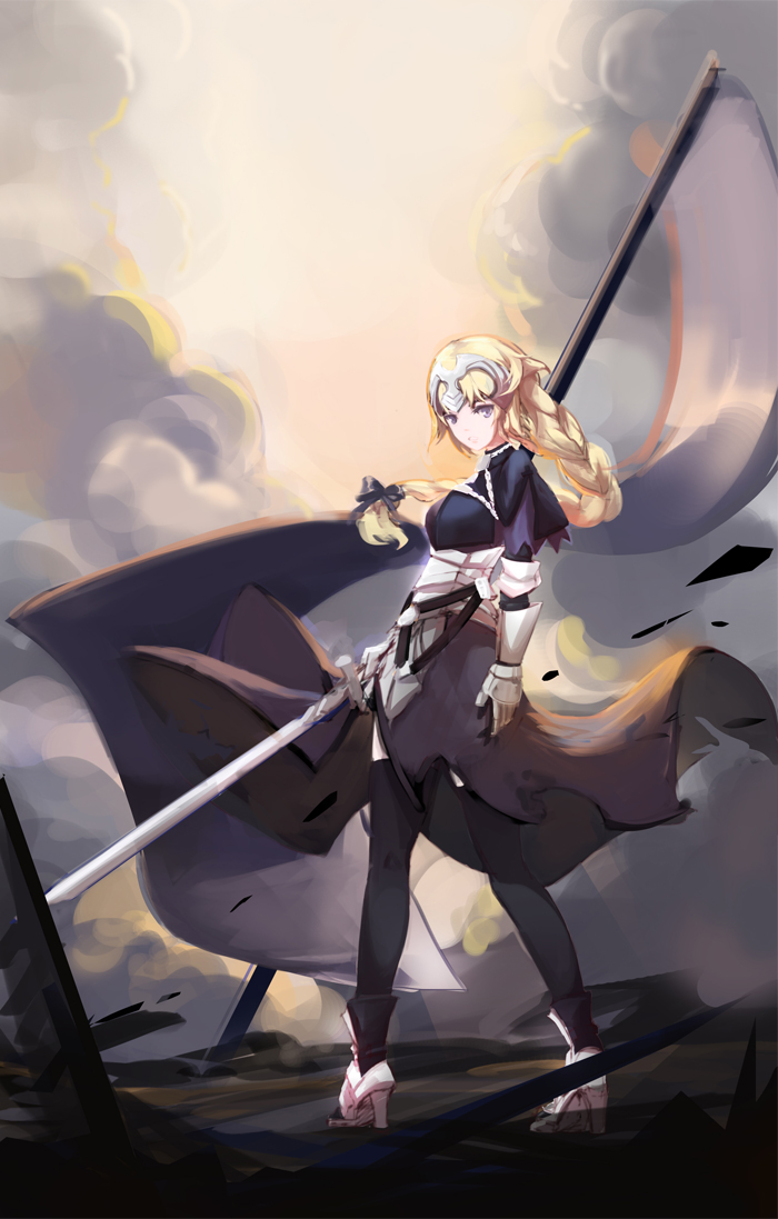 1girl armor armored_dress black_bow black_dress black_legwear blonde_hair blue_eyes bow braid braided_ponytail clouds dress fate/apocrypha fate_(series) floating_hair from_behind full_body gauntlets hair_bow headpiece high_heels holding holding_sword holding_weapon jeanne_d'arc_(fate) jeanne_d'arc_(fate)_(all) long_hair looking_at_viewer looking_back myouga_(pixiv6722882) outdoors side_slit single_braid solo standing sword thigh-highs very_long_hair weapon