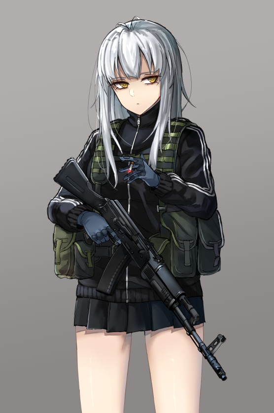 1girl ak-74 assault_rifle cigarette gloves gun holding holding_gun holding_weapon jacket load_bearing_equipment long_hair miniskirt ole1942 original pleated_skirt rifle silver_hair simple_background skirt solo track_jacket trigger_discipline weapon yellow_eyes