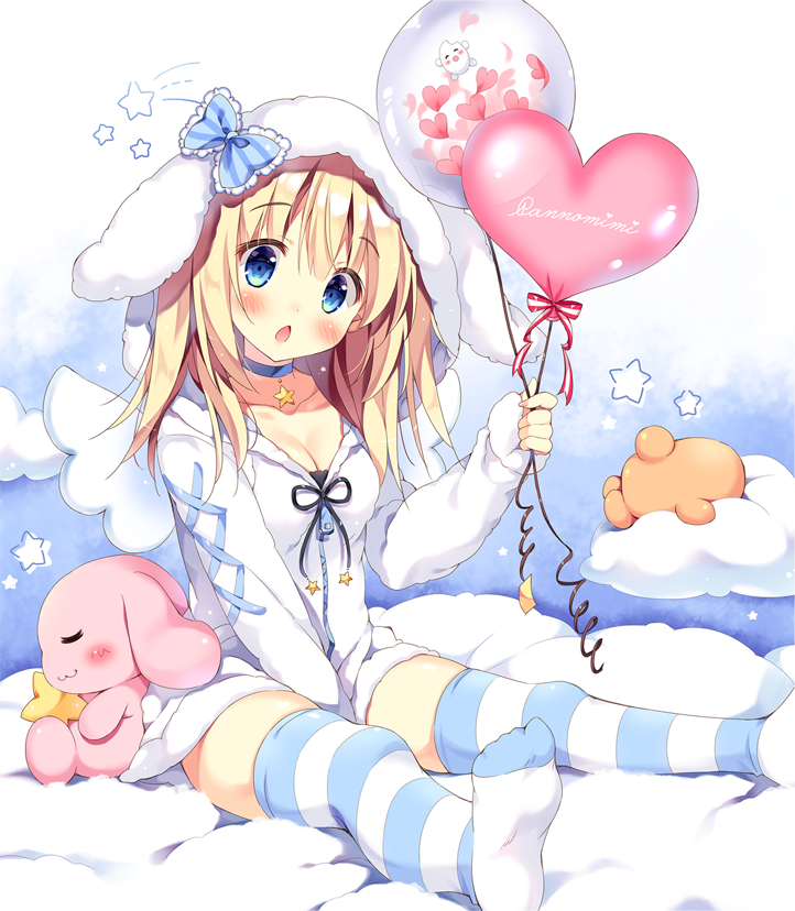1girl :o angel_wings animal_hood bangs between_legs blonde_hair blue_bow blue_choker blue_eyes bow breasts bunny_hood choker circle_name cleavage clouds collarbone commentary_request hand_between_legs heart_balloon holding_balloon hood hood_up hooded_jacket jacket long_hair long_sleeves looking_at_viewer no_shoes original pan_(mimi) rabbit sitting sitting_on_cloud solo star striped striped_bow striped_legwear ten-chan_(pan_(mimi)) thigh-highs white_jacket white_wings wings