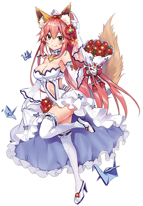 1girl alternate_hair_length alternate_hairstyle animal_ear_fluff animal_ears bare_shoulders blush breasts bridal_veil cleavage collarbone detached_sleeves fang fate_(series) flower fox_ears fox_girl fox_mask fox_tail full_body hair_ornament large_breasts long_hair looking_at_viewer mask navel navel_cutout one_eye_closed open_mouth origami paper_crane pink_hair simple_background smile solo tail tamamo_(fate)_(all) tamamo_no_mae_(fate) tears usagihime veil very_long_hair white_background white_legwear yellow_eyes