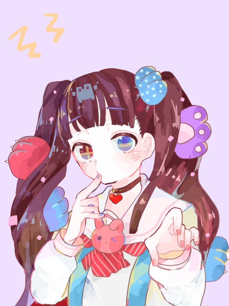 +_- 1girl bangs black_choker blue_eyes blue_nails blunt_bangs blush brown_hair choker diagonal_stripes eyebrows_visible_through_hair finger_to_mouth hanataro_(sruvhqkehy1zied) heart heart_choker heterochromia index_finger_raised long_hair looking_at_viewer nail_polish original paws purple_background red_eyes red_nails red_neckwear sailor_collar shirt simple_background solo striped symbol-shaped_pupils twintails upper_body