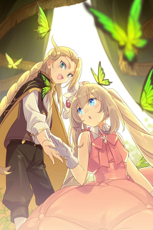 blonde_hair blue_eyes bow bug butterfly butterfly_on_head cape cis05 curtains dress fate/grand_order fate_(series) green_eyes insect marie_antoinette_(fate/grand_order) taking_another's_hand twintails wolfgang_amadeus_mozart_(fate/grand_order) younger