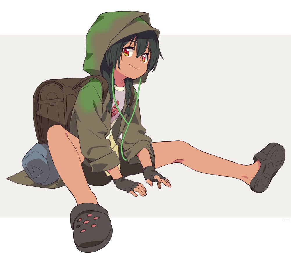 1girl anoshiras_ii backpack bag bike_shorts black_gloves black_hair black_shorts braid dark_skin earphones fingerless_gloves gloves green_jacket hood jacket long_hair om_(nk2007) pink_shirt print_shirt red_eyes shirt shoes shorts sitting smile solo spread_legs ssss.gridman twin_braids twintails