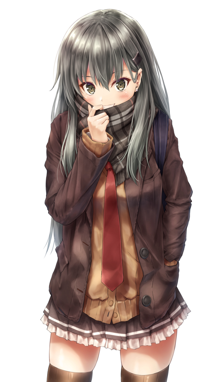 1girl adapted_costume adjusting_scarf bangs blush breasts brown_jacket brown_legwear cardigan commentary_request green_eyes green_hair grin hair_ornament hairclip hand_in_pocket highres jacket kantai_collection large_breasts long_hair looking_at_viewer necktie open_clothes open_jacket petticoat pleated_skirt red_neckwear remodel_(kantai_collection) scarf shirt sidelocks simple_background skindentation skirt smile solo suien suzuya_(kantai_collection) thigh-highs vest white_background