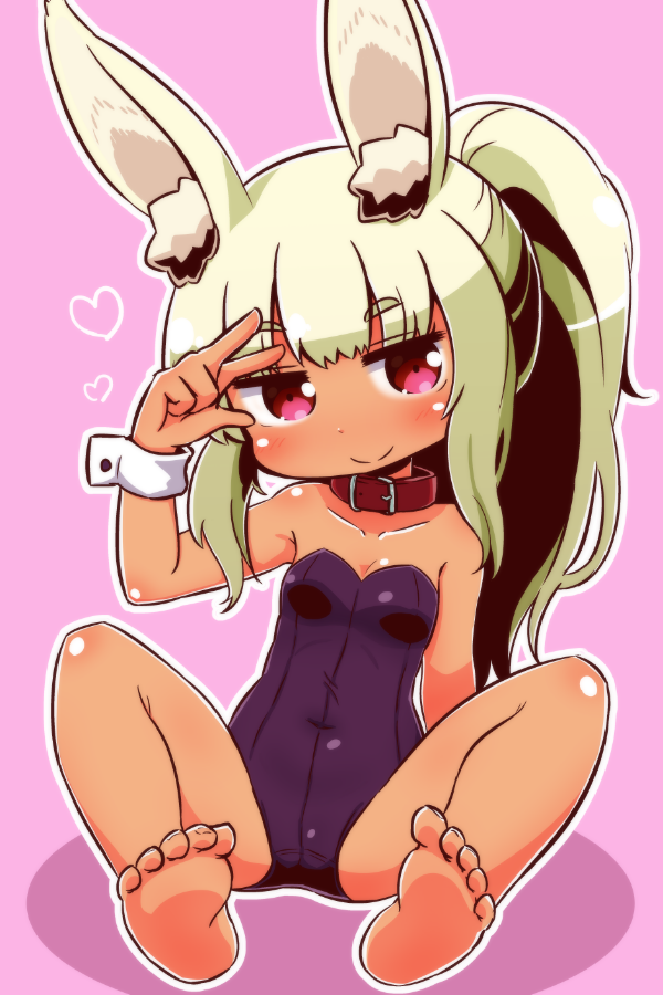 1girl animal_ear_fluff animal_ears arm_up bangs bare_legs bare_shoulders barefoot belt_collar blush breasts closed_mouth collarbone covered_navel eyebrows_visible_through_hair full_body green_hair heart high_ponytail leotard masurao_(sekaiju) naga_u outline pink_background ponytail purple_leotard rabbit_ears red_collar red_eyes sekaiju_no_meikyuu sekaiju_no_meikyuu_5 sitting small_breasts smile soles solo spread_legs strapless strapless_leotard thick_eyebrows white_outline wrist_cuffs