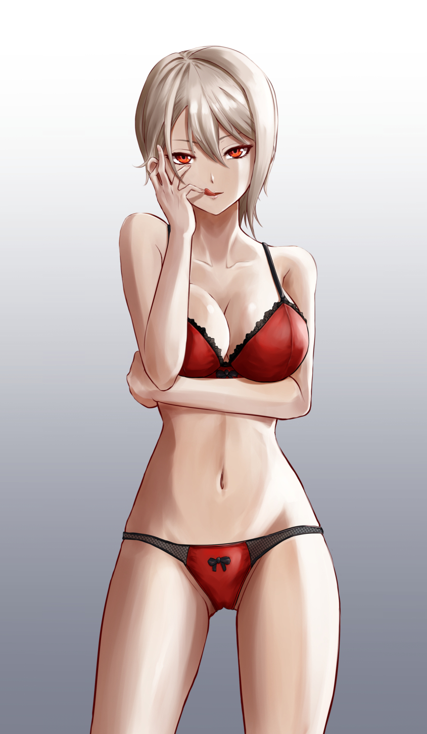 1girl :q bangs bow bow_bra bow_panties bra breast_hold breasts cowboy_shot finger_licking gluteal_fold gradient gradient_background grey_background half-closed_eyes hand_on_own_face highres jojobirdz lace lace-trimmed_bra licking looking_at_viewer medium_breasts nakiri_alice navel panties red_bra red_eyes red_panties shokugeki_no_souma short_hair silver_hair smile solo standing thighs tongue tongue_out underwear underwear_only