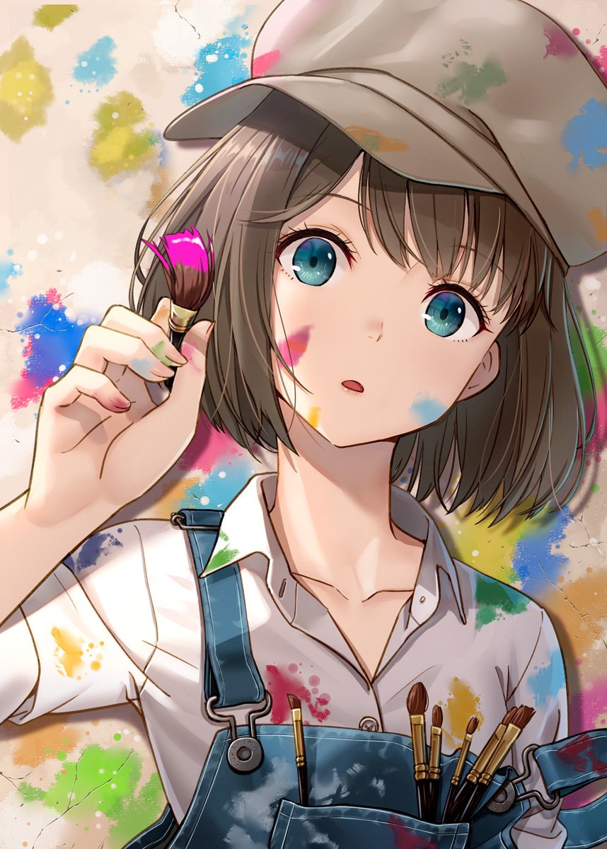 1girl blue_eyes blush brown_hair brown_hat collarbone collared_shirt eyebrows_visible_through_hair hat highres holding holding_paintbrush hyuuga_azuri looking_at_viewer original overalls paint paint_splatter paintbrush parted_lips shirt short_hair short_sleeves solo upper_body white_shirt