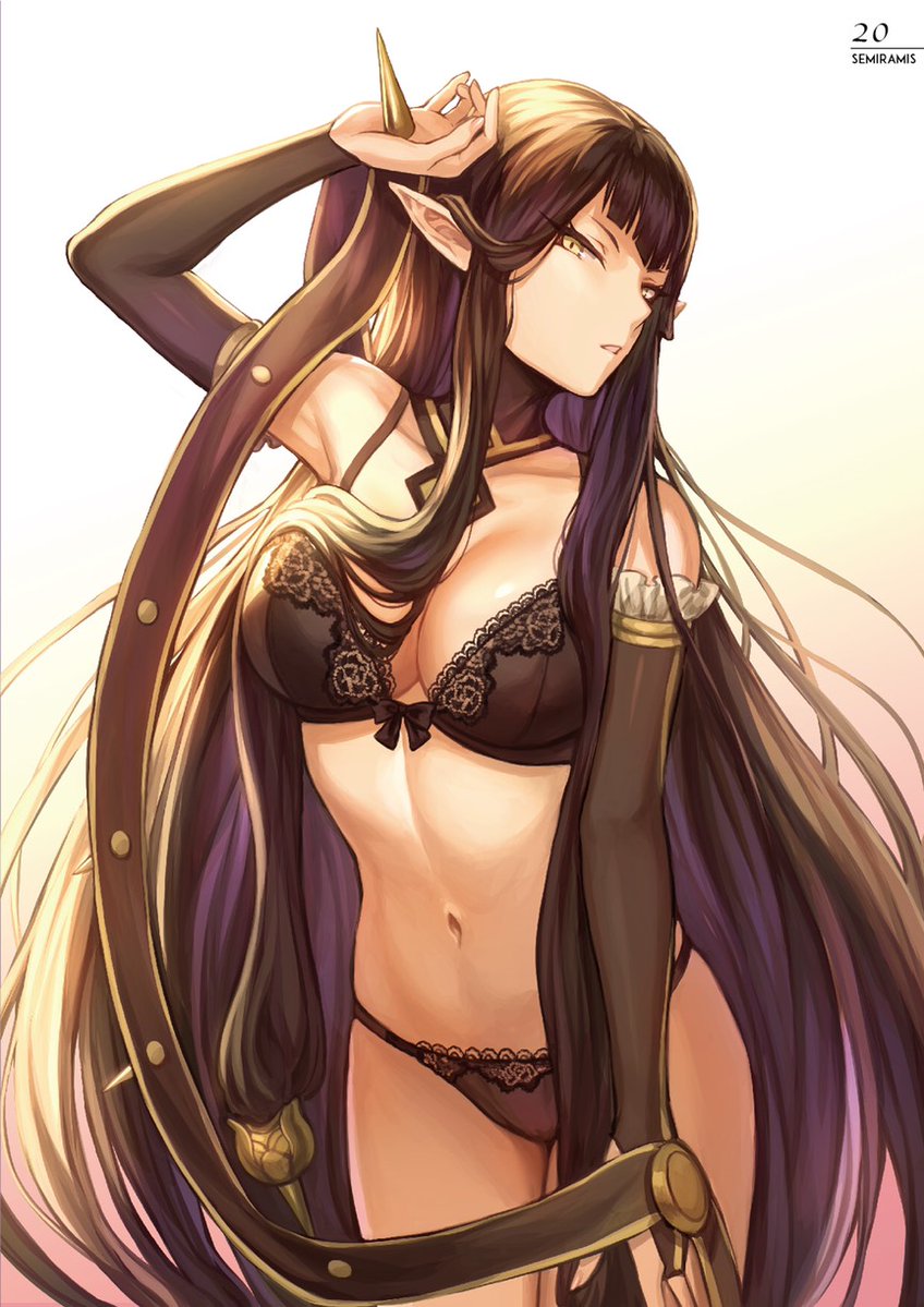 1girl bangs bare_shoulders black_bra black_hair black_panties bow bow_bra bra breasts bridal_gauntlets choker cleavage collarbone commentary_request cowboy_shot detached_sleeves elf eyebrows_visible_through_hair fate/apocrypha fate/grand_order fate_(series) gradient gradient_background hair_between_eyes lace lace-trimmed_thighhighs large_breasts lingerie long_hair looking_at_viewer mashu_003 navel open_mouth panties pink_background pointy_ears revision ribbon-trimmed_bra semiramis_(fate) signature simple_background solo spikes thigh-highs thighs title underwear underwear_only very_long_hair white_background yellow_background yellow_eyes