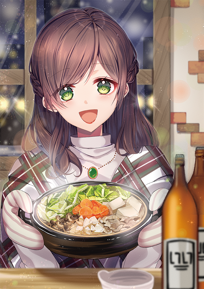 1girl :d bangs blurry blurry_background blurry_foreground blush bottle braid brown_hair chano_hinano commentary_request eyebrows_visible_through_hair food green_eyes head_tilt holding hotpot indoors jewelry long_hair night night_sky open_mouth original oven_mitts pendant plaid shirt sidelocks sky smile snowing solo white_shirt window