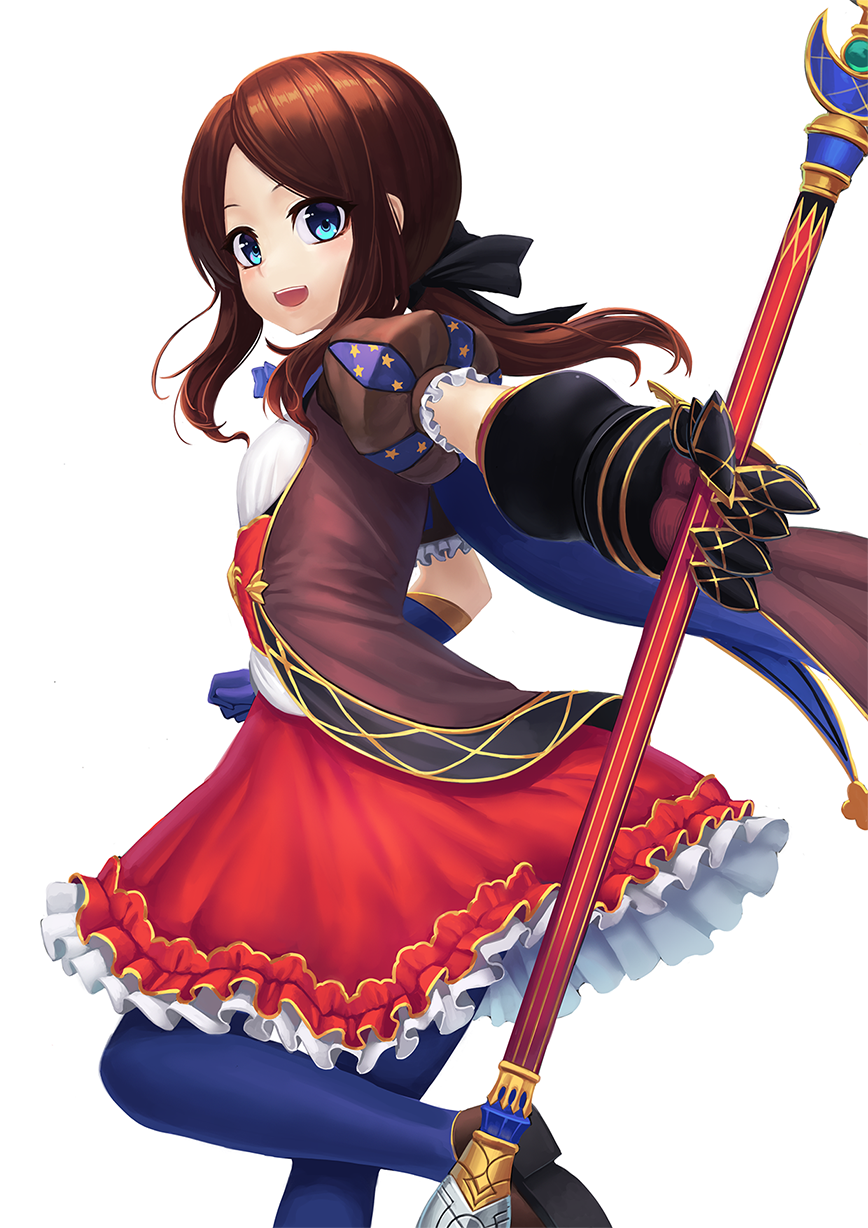 1girl :d bangs black_ribbon blue_eyes blue_gloves blue_legwear brown_footwear brown_hair commentary_request fate/grand_order fate_(series) floating_hair foreshortening frilled_skirt frilled_sleeves frills from_side gauntlets gloves hair_ribbon highres holding holding_staff leg_up leonardo_da_vinci_(fate/grand_order) long_hair looking_at_viewer looking_to_the_side low_ponytail medium_skirt open_mouth outstretched_arm parted_bangs puff_and_slash_sleeves puffy_short_sleeves puffy_sleeves ranma_(kamenrideroz) reaching_out red_skirt ribbon shiny shiny_hair shoes short_sleeves sidelocks simple_background single_gauntlet single_glove skirt smile solo staff standing standing_on_one_leg star thigh-highs white_background