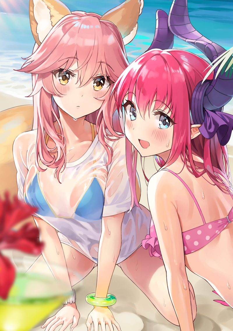 2girls :d ameyame animal_ears beach bikini blue_eyes blush breasts brown_hair cocktail_glass cup drinking_glass elizabeth_bathory_(fate) elizabeth_bathory_(fate)_(all) fate/extra fate/grand_order fate_(series) fox_ears horns kneeling long_hair looking_at_viewer looking_back medium_breasts multiple_girls open_mouth pink_hair polka_dot polka_dot_bikini see-through shirt smile swimsuit t-shirt tamamo_(fate)_(all) tamamo_no_mae_(fate) tamamo_no_mae_(swimsuit_lancer)_(fate) wet wet_clothes wet_shirt yellow_eyes