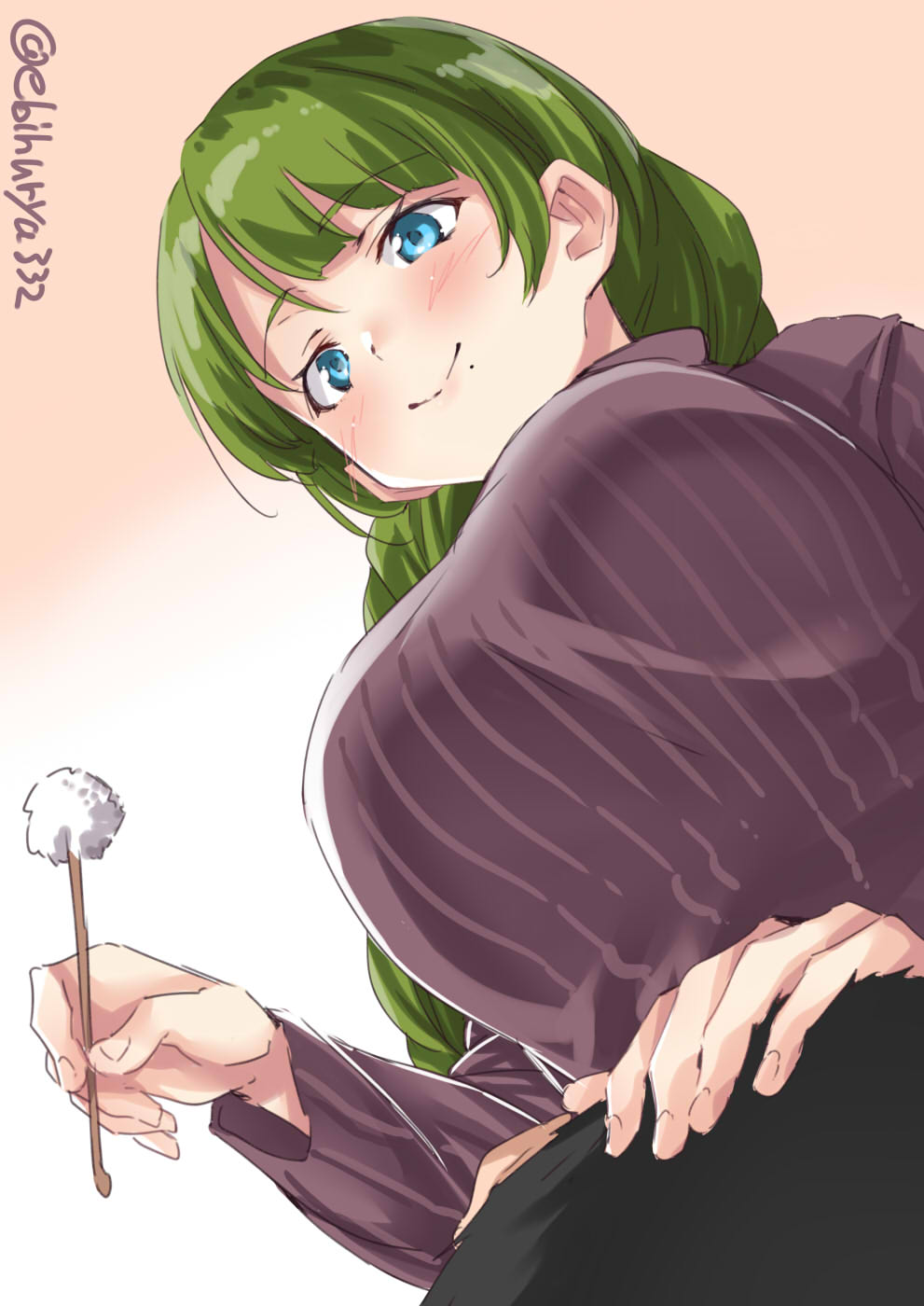 1boy 1girl alternate_costume blue_eyes blush braid breasts closed_mouth ebifurya eyebrows_visible_through_hair gradient gradient_background green_hair highres huge_breasts kantai_collection long_hair looking_down mole mole_under_mouth purple_sweater short_hair single_braid sweater very_long_hair yuugumo_(kantai_collection)