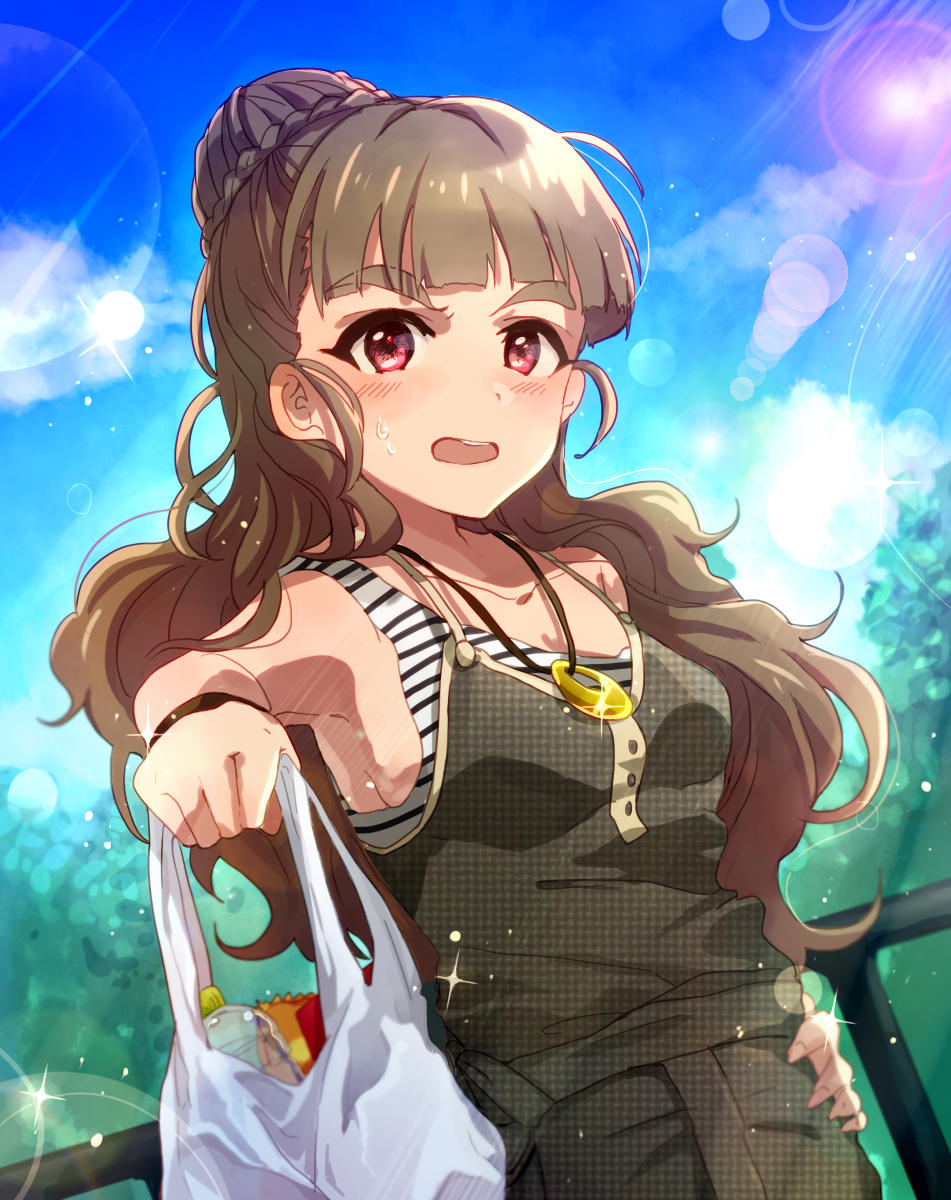 1girl anaroguya bag blush breasts brown_hair clouds commentary_request day groceries grocery_bag hair_bun hand_on_hip highres holding holding_bag idolmaster idolmaster_cinderella_girls jewelry kamiya_nao lens_flare long_hair looking_at_viewer medium_breasts necklace open_mouth railing red_eyes shirt shopping_bag solo sparkle standing striped striped_shirt sunlight