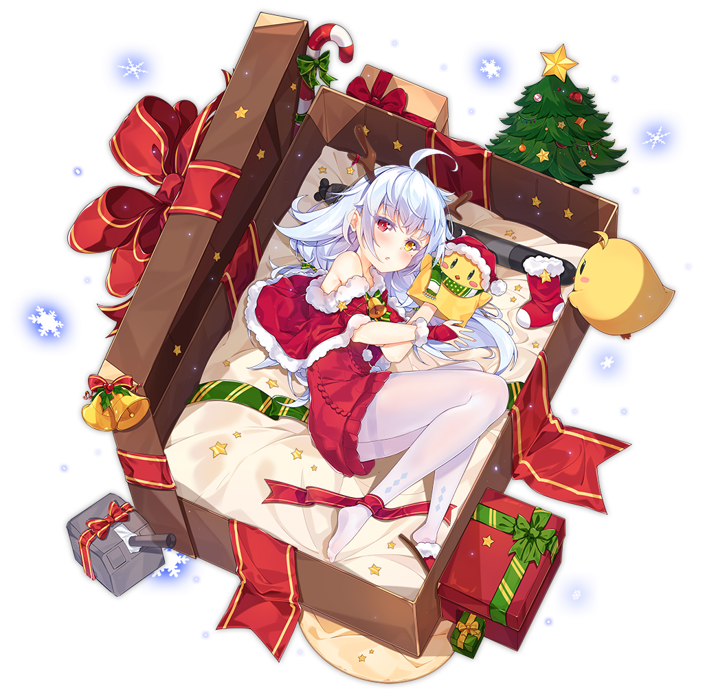 1girl ahoge azur_lane bell blue_hair blush bow box candy candy_cane christmas christmas_tree dango_remi eyebrows_visible_through_hair food full_body gift gift_box heterochromia long_hair looking_at_viewer lying nicholas_(azur_lane) official_art on_side pantyhose parted_lips red_bow red_eyes santa_costume solo thigh-highs transparent_background white_legwear yellow_eyes