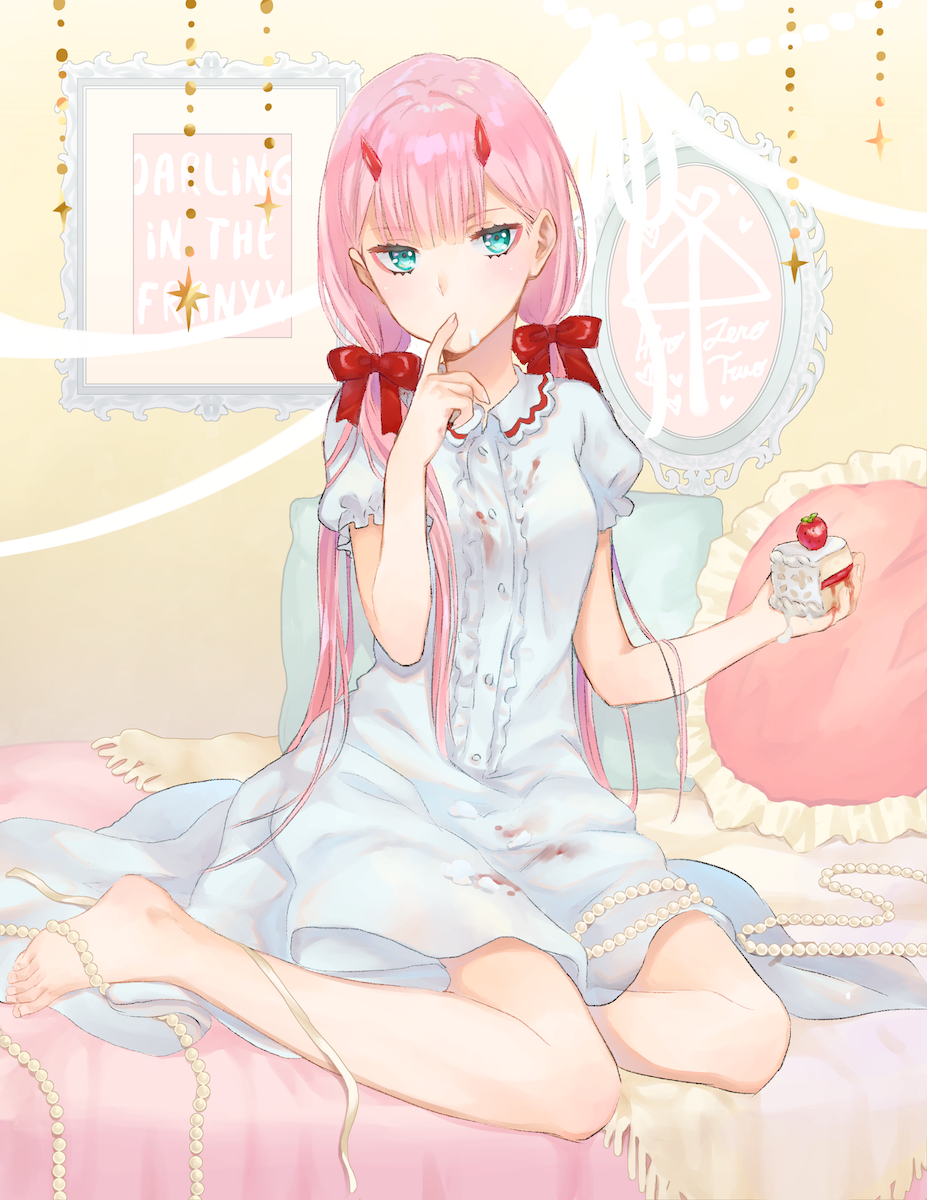 1girl bangs barefoot bedroom blue_eyes bomhat bow cake character_name darling_in_the_franxx dress eyebrows_visible_through_hair finger_to_mouth food hair_bow highres holding holding_food horns indoors long_hair looking_at_viewer pink_hair red_bow shiny shiny_hair short_sleeves sitting solo twintails very_long_hair white_dress zero_two_(darling_in_the_franxx)