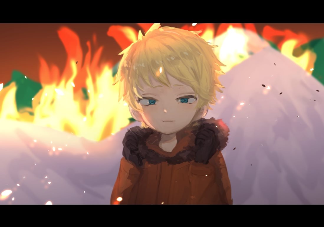 1boy blonde_hair blue_eyes fire hood hood_down kenny_mccormick male_focus nojiko_(natumag) parka sad_smile short_hair smile solo south_park south_park:_bigger_longer_and_uncut