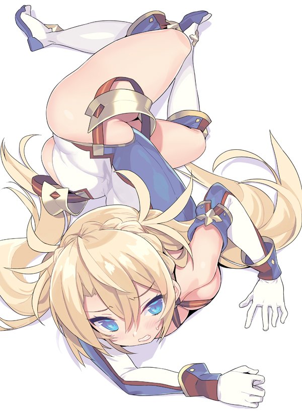 1girl ass bare_shoulders blade_(galaxist) blonde_hair blue_eyes boots bradamante_(fate/grand_order) braid breasts cleavage clenched_teeth criss-cross_halter crown_braid elbow_gloves eyebrows_visible_through_hair fate/grand_order fate_(series) full_body gloves halterneck knee_boots leotard long_hair lying medium_breasts on_side simple_background solo sweatdrop teeth twintails white_background