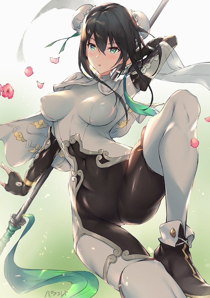 1girl bangs black_bodysuit black_footwear black_hair blush bodysuit breasts bun_cover cape commentary_request covered_navel double_bun erect_nipples falling_petals fate/grand_order fate_(series) fighting_stance fingerless_gloves gloves green_eyes hair_between_eyes leg_up medium_breasts open_mouth parfaitlate polearm qin_liangyu_(fate) sidelocks skin_tight solo weapon