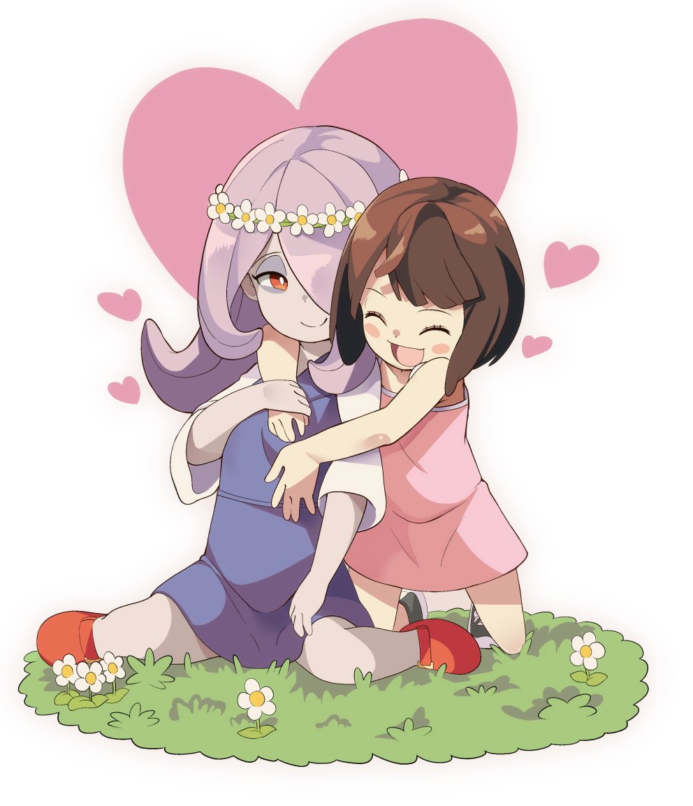 2girls black_footwear blue_dress blush_stickers brown_hair closed_eyes closed_mouth commentary_request dress flower grass hair_over_one_eye half-closed_eye heart hug implied_yuri kagari_atsuko kneeling little_witch_academia long_hair multiple_girls open_mouth pink_dress pink_hair popopo raised_eyebrows red_eyes red_footwear shoes short_hair short_sleeves simple_background sitting smile sucy_manbavaran white_background younger