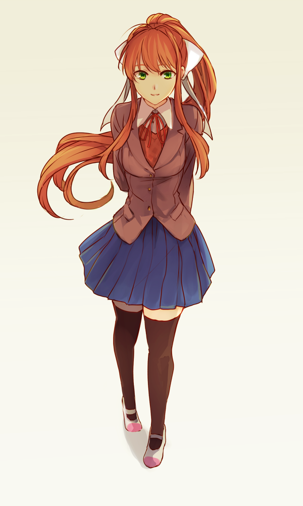 1girl arms_behind_back black_legwear blue_skirt bow doki_doki_literature_club full_body hair_bow jacket long_hair long_sleeves looking_at_viewer midair_(pixiv_id_21010372) monika_(doki_doki_literature_club) neck_ribbon pleated_skirt red_ribbon ribbon shoes skirt thigh-highs uwabaki very_long_hair white_bow