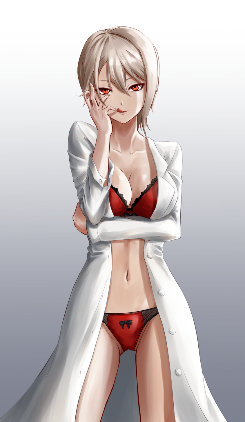 1girl :q bangs bow bow_bra bow_panties bra breast_hold breasts coat commentary cowboy_shot finger_licking gluteal_fold gradient gradient_background grey_background half-closed_eyes hand_on_own_face highres jojobirdz labcoat lace lace-trimmed_bra licking long_sleeves looking_at_viewer medium_breasts nakiri_alice navel open_clothes open_coat panties red_bra red_eyes red_panties shokugeki_no_souma short_hair silver_hair smile solo standing tongue tongue_out underwear