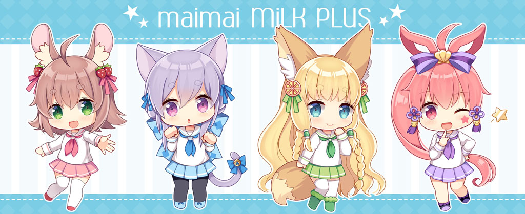 4girls :d ;d ahoge animal_ear_fluff animal_ears bangs bell black_legwear blue_bow blue_eyes blue_footwear blue_neckwear blue_skirt blush bow brown_hair cat_ears cat_girl cat_tail chestnut_mouth chibi closed_mouth commentary_request copyright_request eyebrows_visible_through_hair facial_mark food_themed_hair_ornament fox_ears fox_girl fox_tail green_eyes green_footwear green_neckwear green_skirt hair_between_eyes hair_bow hair_ornament hand_on_hip hand_up hands_up hitsuki_rei indoors jingle_bell long_hair looking_at_viewer multiple_girls one_eye_closed open_mouth pantyhose parted_lips pink_hair pink_skirt pleated_skirt ponytail purple_footwear purple_hair purple_neckwear purple_skirt red_neckwear sailor_collar school_uniform serafuku shirt short_eyebrows skirt smile standing star strawberry_hair_ornament striped striped_background striped_bow tail tail_bell tail_bow tassel thick_eyebrows thigh-highs vertical-striped_background vertical_stripes very_long_hair violet_eyes white_legwear white_sailor_collar white_shirt