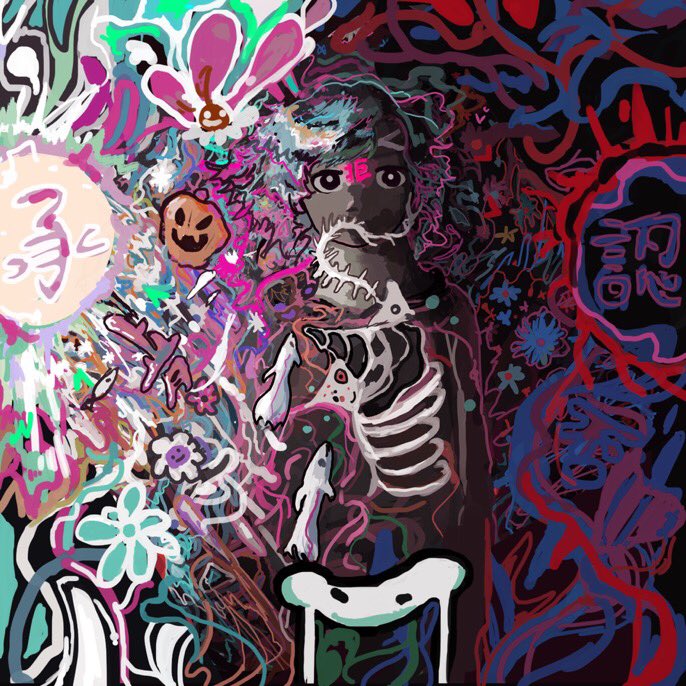 abstract ambiguous_gender aqua_flower black_eyes blue_flower cocontma covered_mouth cowboy_shot fish fish_skeleton flower hip_bones looking_at_viewer original short_hair skeleton surreal translation_request white_flower